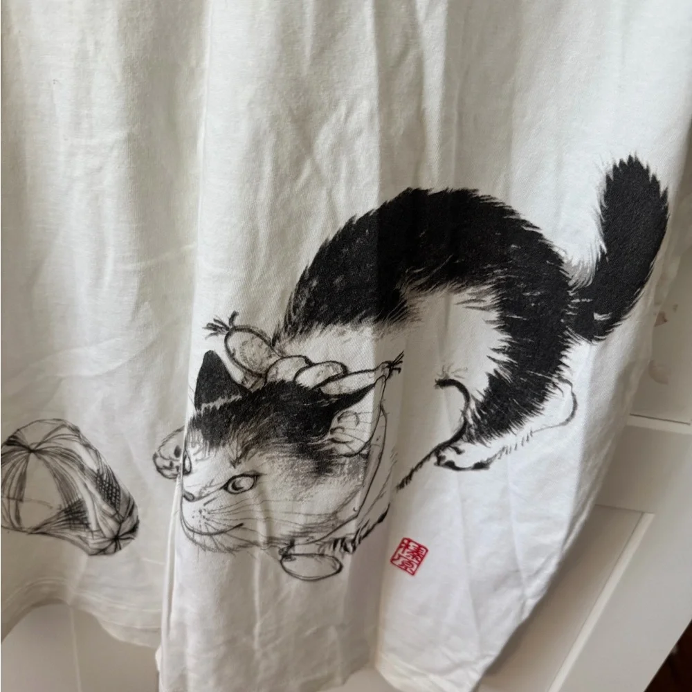 Uniqlo UT White Tee with Black Cat Illustration